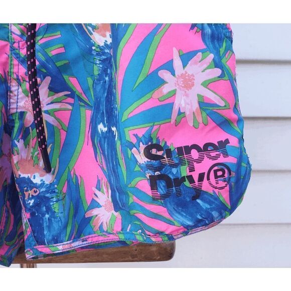 Superdry Pink Blue Tropical Parakeet Athletic Swim Shorts - Picture 2 of 8